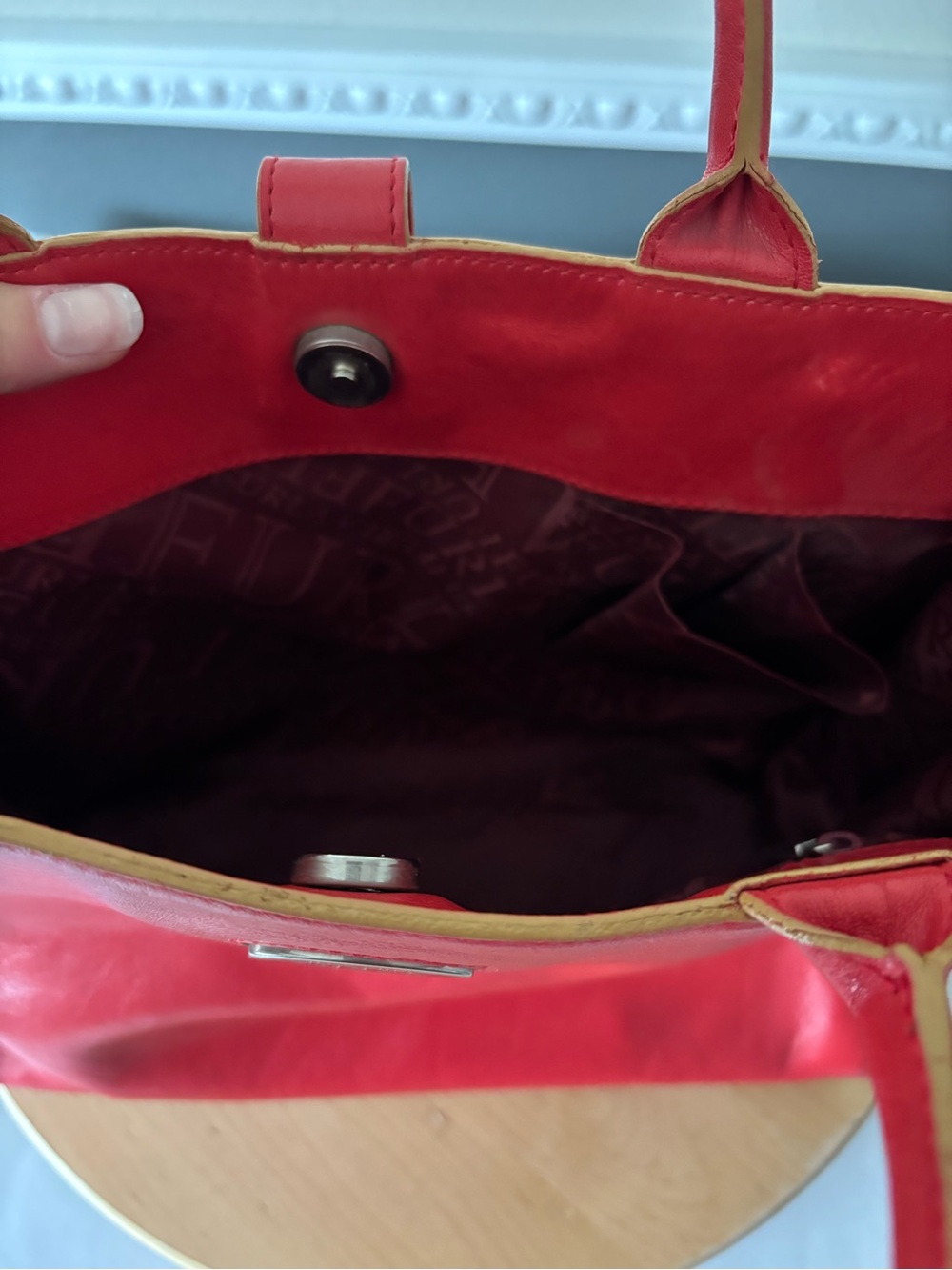 Furla Vintage Italian Cherry Red Leather Tote with Belt-Style Accent - Picture 6 of 9